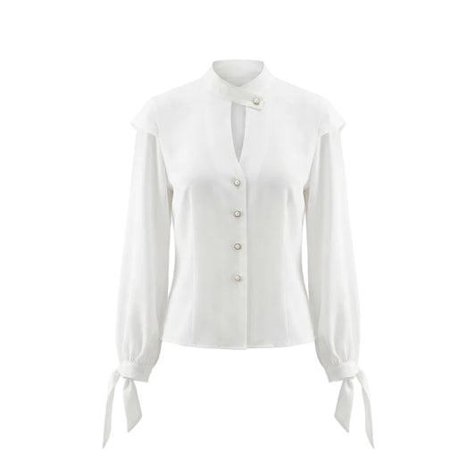 Blusa Elegante con Cuello Alto – Blanco – Tejido Fluido – Mujer