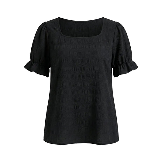 Blusa Minimalista de Cuello Cuadrado – Negro – Poliéster Texturizado – Mujer