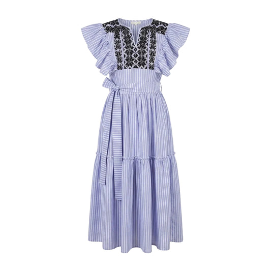 Vestido Largo a Rayas con Bordado – Azul Claro – Algodón – Mujer